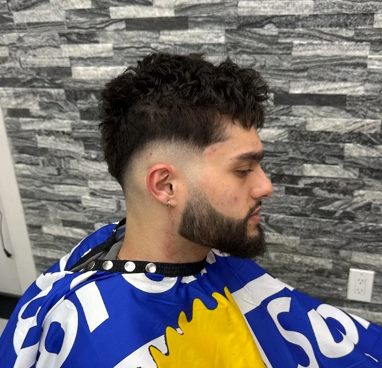 Curly top with a shaped beard.